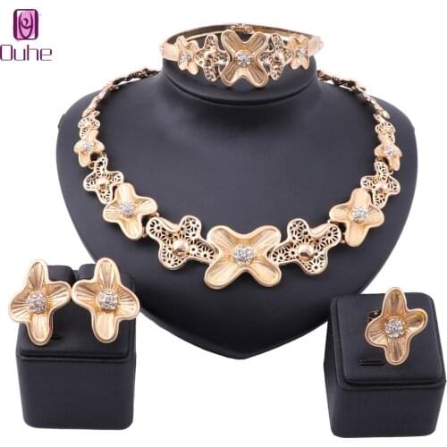 Exquisite Dubai Gold Color Necklace Earrings Bangle Ring Set for Womens Wedding Crystal Accessories Jewelry Set