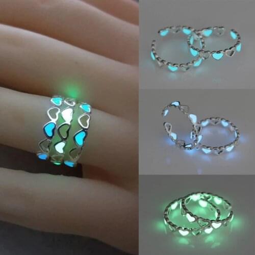 Simple Design Luminous Hollow Hearts Rings For Women Elegant Silver Color Adjustable Heart Round Ring Party Fashion Jewelry B111