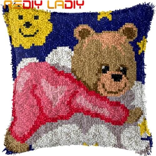 Latch Hook Cushion Pink Teddy Bear Pre-Printed Canvas Cushion Cover Acrylic Yarn Crocheted Pillow Case Hobby & Crafts Home Decor