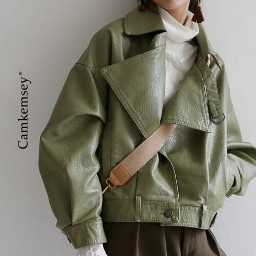 Spring Autumn Long Sleeve Soft Faux Leather Jackets Women Casual Turn Down Collar Single Breasted Moto Biker PU Leather Coat