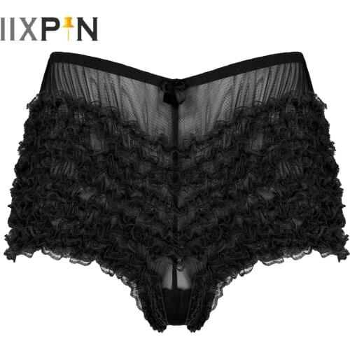 Mens Bowknot Ruffle Lace Undershorts Semi-see Through Boxer Briefs Solid Color Elastic Waist Panties Erotic Lingerie Underwear