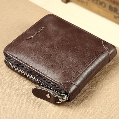ManBang Brand Mens First Layer Cowhide Genuine Leather Zipper Retro Male Transverse Card Holder Multifunctional Purse Wallet