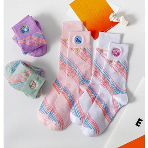 Korea Harajuku style fashion woman socks kawaii embroidery dinosaur planet socks rainbow planet unicorn girl long socks
