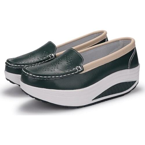 NEW spring genuine leather soft outsole work shoes female black swing shoes woman plus size wedges single female shoes34-41