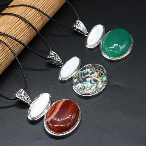 Natural Semi-precious Stone Pendant Necklace Abalone Shell Lapis Lazuli Charms Leather Rope Chain Necklaces for Women Jewelry