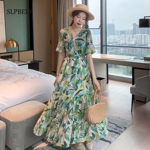 SLPBELY Summer Retro Dress For Women Elegant V Neck Green Midi Dress Casual A Line Holiday Bench Party Dress Vestido Sundress