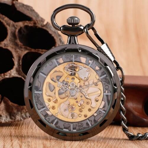 Luxury Skeleton Black Pocket Watch Transparent Open Face Design Fashion Vintage Windup Elegant Steampunk Pendant Fob Chian