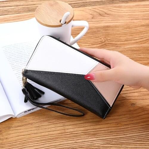 Geometric Luxury Womens Wallet Female Long Zipper Tassel Pu Leather Coin Purses Ladies Patchwork Card Holder Clutch Bag