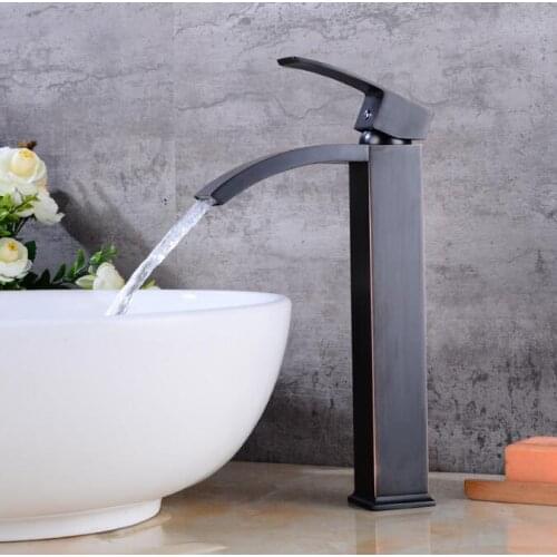 Basin Faucets Brass Oil Rubbed Bronze Bathroom Faucet Tall Single Handle Black Square Deck Mounted Sink Crane Mixer Water Tap