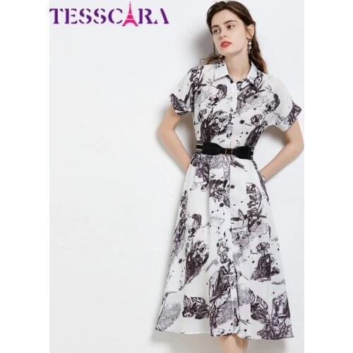 TESSCARA Women Summer Elegant Print Dress Shirt Female High Quality Long Office Lady Party Robe Femme Runway Designer Vestidos