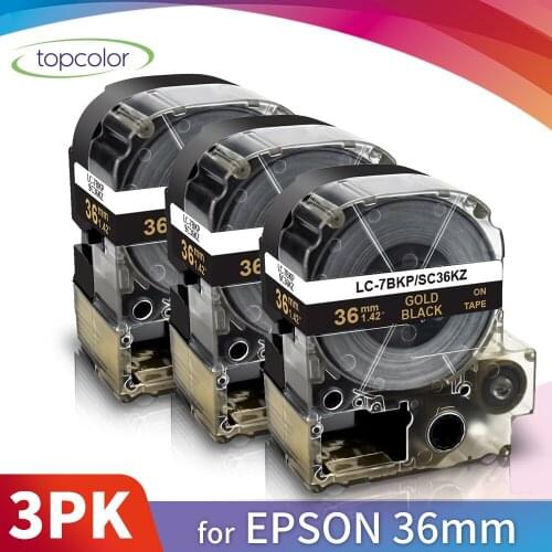 Topcolor 3PK Compatible Epson 36mm Label Tape KingJim Label Maker SC36KZ Gold on Black Printer Ribbon for Epson Labeller LW1000P