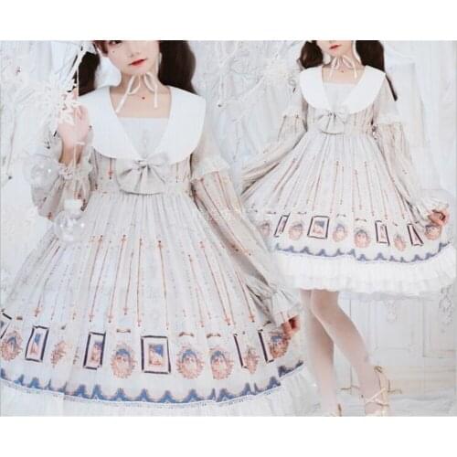 Academy Print Palace Style Lolita Vintage Flouncing Bow OP Dress Daily Long Sleeve Female Party Dress B824