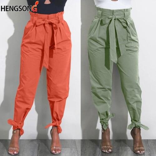 Women High Waist Harem Pants Bow Tie Drawstring Pants Elastic Waist Casual Trousers Pantalones Lady Ankle-length Capris Trouser