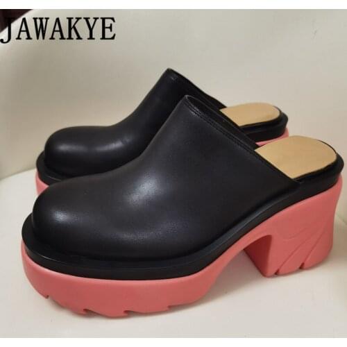 Round Wrap toe Chunky high heels slippers for woman Black Genuuine Leather Fashion Punk Shoes 2022 New Luxury Brand Shoes Mujer