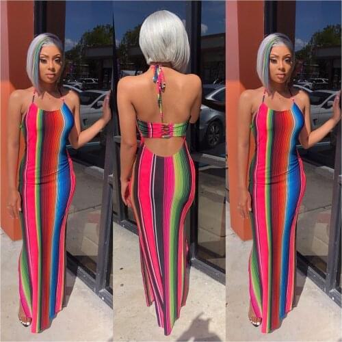 2019 New Fashion Boho Long Dress Striped Beach Summer Dresses Colorful Rainbow Vintage Chiffon Maxi party women Dress