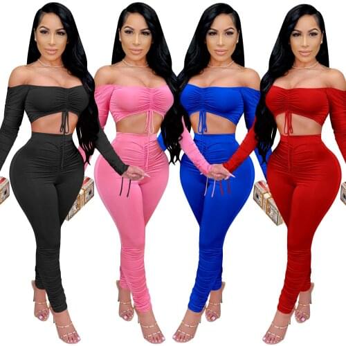 Zoctuo Solid Two Piece Set Off Shoulder WomenS Set Long Sleeve Shirt Trousers Pants Set Outfits Drawstring Sexy Club Tracksuit