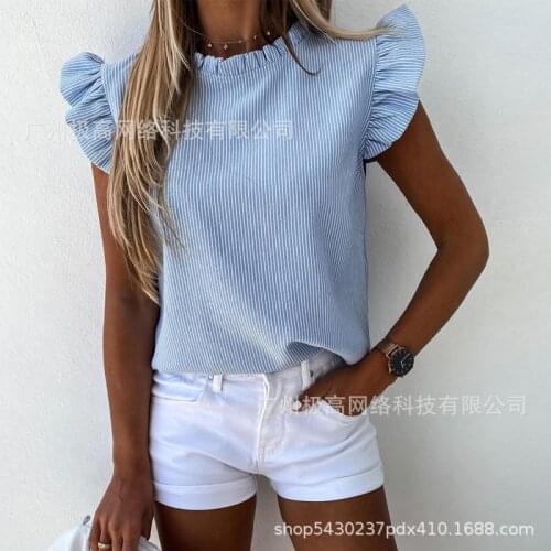 11European and American womens blue striped ruffled cardigan shirt women clothing