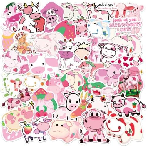 50 PCS Cute Strawberry Cow Animals Cartoon Sticker For Kids DIY Skateboard Luggage Refrigerator Decals Toy Graffiti Stickers