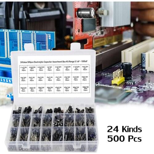 500Pcs 0.1uF~1000uF 24 Kinds Aluminum Electrolytic Capacitors high quality16-50V Mix Electrolytic Capacitor Assorted Kit