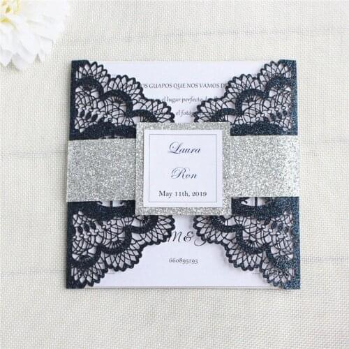 Glittery wedding invitation card 50pcs blue silver lovely birds laser cutting offer customized printing party decoration