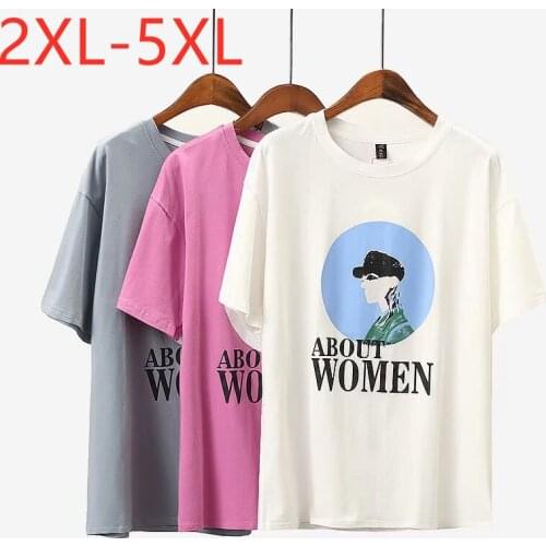 New 2021 Ladies Summer Plus Size Tops For Women Large Short Sleeve Loose Cotton White Gray Print O-neck T-Shirt 2XL 3XL 4XL 5XL