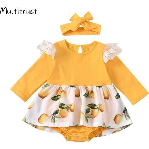 Baby Girls Clothes Set Toddler Lemon Print Long Sleeve Lace Ruffles Bodysuit+Headband 2pcs Spring Fall Clothes Baby