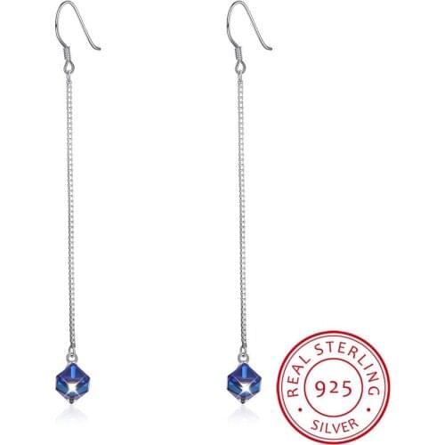 LEKANI Crystals Long Chain Cube Beads Drop Earrings S925 Sterling Silver Piercing Women Fine Jewelry