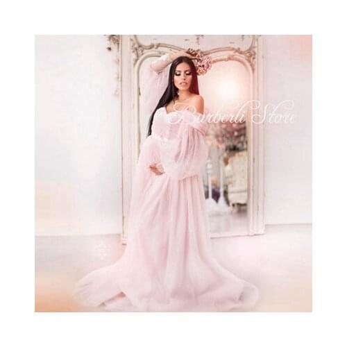 Sweet Ruffles Tulle A-line Dress For Pregnant Women To Photoshoot Illusion Puff Cap Sleeves Long Maternity Women Dresses Vestido