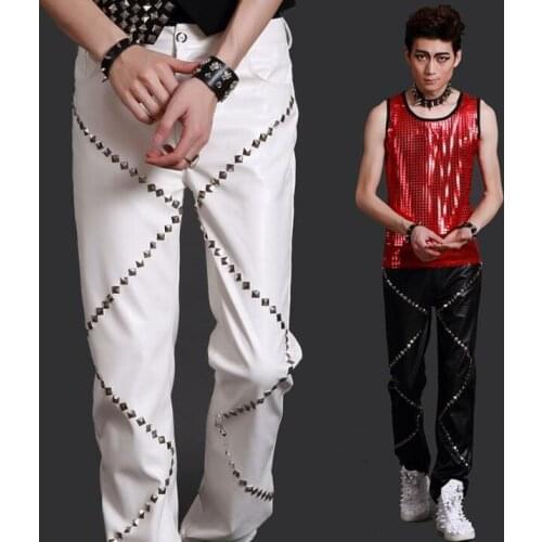 Mens Rivets pants stage personality leatharem pant men feet trousers singer dance rock fashion pantalon homme street star style