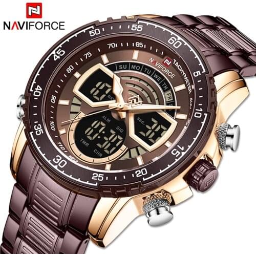 NAVIFORCE Mens Digital Watch Dual Display Luxury Wristwatches Quartz Sport Watches Waterproof Relogio Masculino Rose Gold Clock