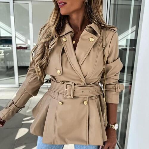 CP Turn Down Collar High Imitation Leather Coats Women Vogue Solid PU Jackets Women Elegant Buttons Coats Female Ladies