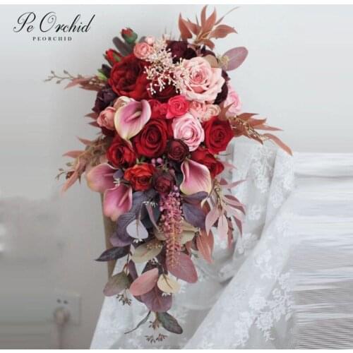 PEORCHID Wine Red&Pink Waterfall Bridal Bouquet Luxurious Artificial Bridesmaid Flower Large Bride Cascade Bouquet Wedding Decor