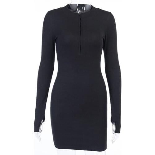 SURUFENG Autumn Winter Stretch Slim Soft Ribbed Knitted O-Neck Dress Woman Sheath Fashion Black Casual Bodycon Zip-Up Dresses