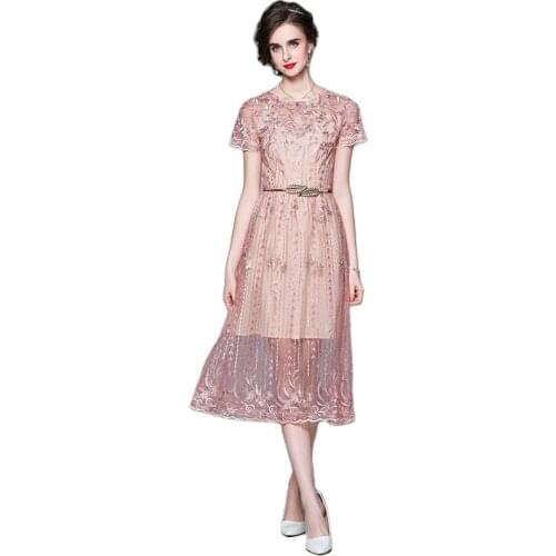 BunniesFairy 2021 Spring Summer Celebrity-inspired Women Korean Sweet Mesh Plus Size Pink Fairy Belted Midi Dress for Party Wear