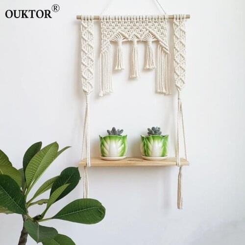 Hand-Woven Macrame Bohemian Tapestry Storage Rack Wooden Shelf Home Decor Wall Hanging Cotton Tapestries Plant Shelves Ornament