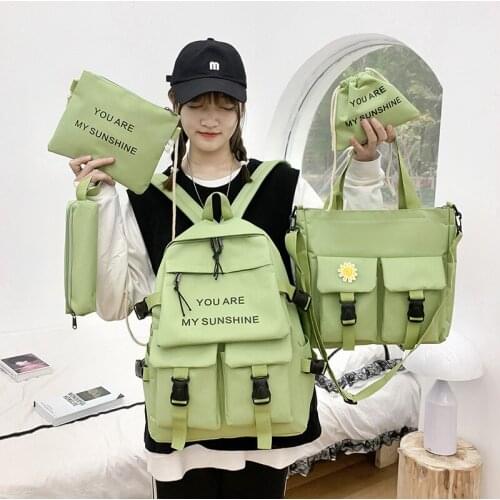 4 Pcs Set Harajuku Women Laptop Backpack Canvas School Bags For Teenage Girls Kawaii College Student Kids Book Bag Rucksack 2021