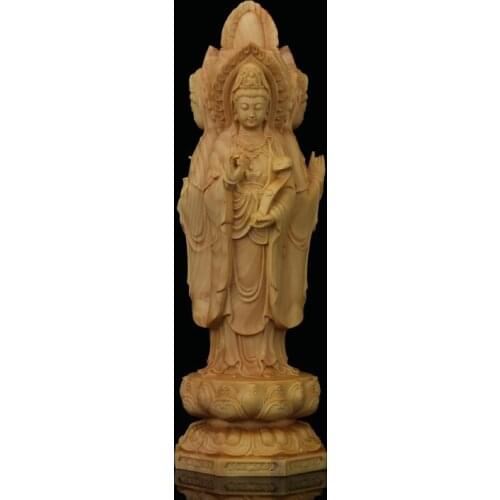 Boxwood 20cm Guanyin Sculpture Wood Buddha Statue Three Face Guan Yin with Boy Home Decor