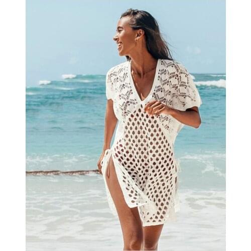 Sexy Women Bikini Cover Up Dress Solid Color Hollow V-Neck Short Sleeves Swimsuit Cover Summer Bathing Suit Beachwear