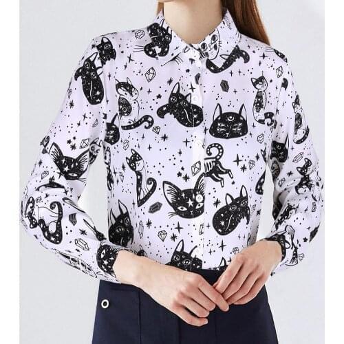 Fashion Cats Print Long Sleeves Turn-down Collar Women Office Top Blouse Shirt Shirts Women Fashion Blouses Women Casual Tops