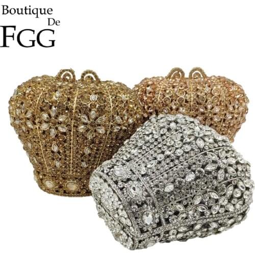 Boutique De FGG MINI Crown Shape Women Evening Minaudiere Bag Crystal Clutch Metal Hard Case Party Cocktail Purses and Handbags