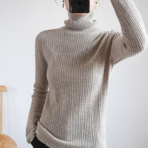 Womens cashmere sweater for fall/winter new style hollow design wool knitted pullover solid color turtleneck bottoming shirt