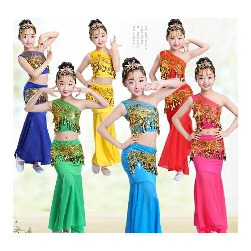 100-160CM Belly Dance Childrens Day Women Shoulder Off Girl Cosplay Stage Sequin Oriental Costumes for Kids Skirts Tail Fish