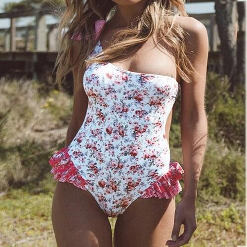 2020 Floral Print Ruffle One Shoulder Bowknot Swimwear Women One Piece Swimsuit Bandeau Swim Suit Beachwear Bathing Suit Trikini