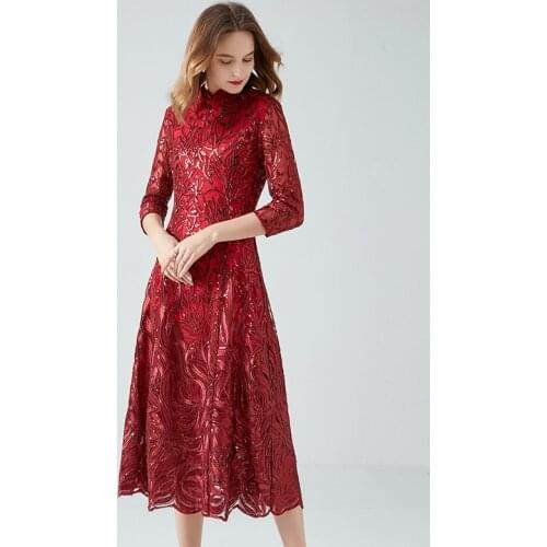 2021 Spring Fall Women Clothing Mandarin Collar 3/4 Sleeve Sequined Embroidery Chiongsam Dress , 5xl Chipao Dresses for Woman