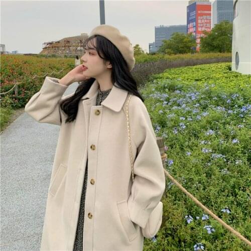 Women Autumn Woolen Coats 2021 Spring Female Solid Color Retro Vintage Long Jacket Outercoats Korean Style Outwear Black Green