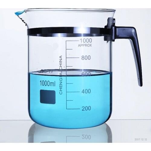 1000ml Laboratory Glass Measuring Beaker with Spout Borosilicate Transparent with Plastic Handle Lab Kitchen Supplies