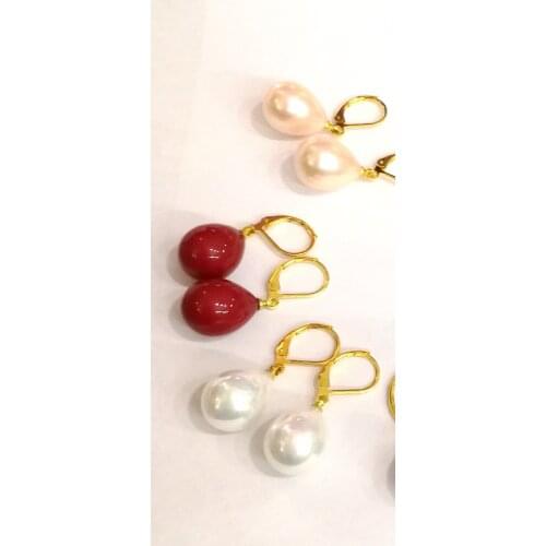 3 pairs / lot 12x16mm Earring red white pink gold brown waterdrop natural South Sea shell pearl dangle gold color hook