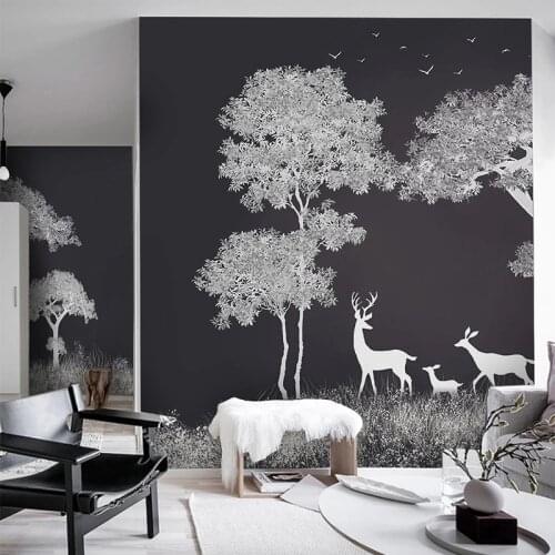 Custom 3D Wallpaper Nordic Black And White Art Forest Elk Flying Bird Mural Living Room Bedroom Background Wall Papel De Parede