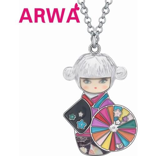 ARWA Floral Enamel Alloy Japanese Doll Necklace Lovely Girl Pendant Jewelry For Lady Girls Fashion Sweet Gift Party Accessories