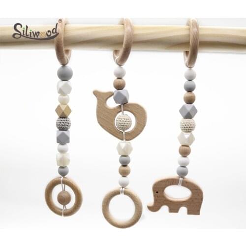 Baby Toys Wooden Teether Teething Beech Wood Ring Sensory Baby Play Gym Toy Chew Silicone Teether Play Gym Baby Stroller Rattles